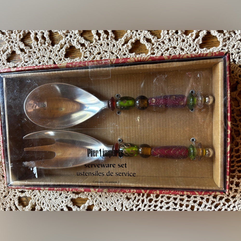 Pier1 Imports Red Green Amber Bead Large Spoon Fork Serveware Service Set